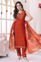 Rust Orange Mirror Embroidered Straight Cut Suit