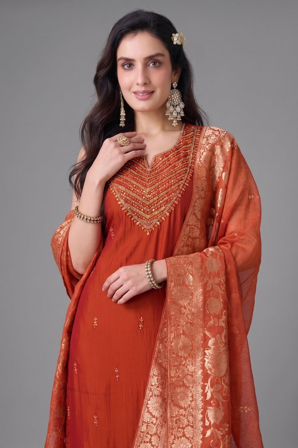 Rust Orange Mirror Embroidered Straight Cut Suit
