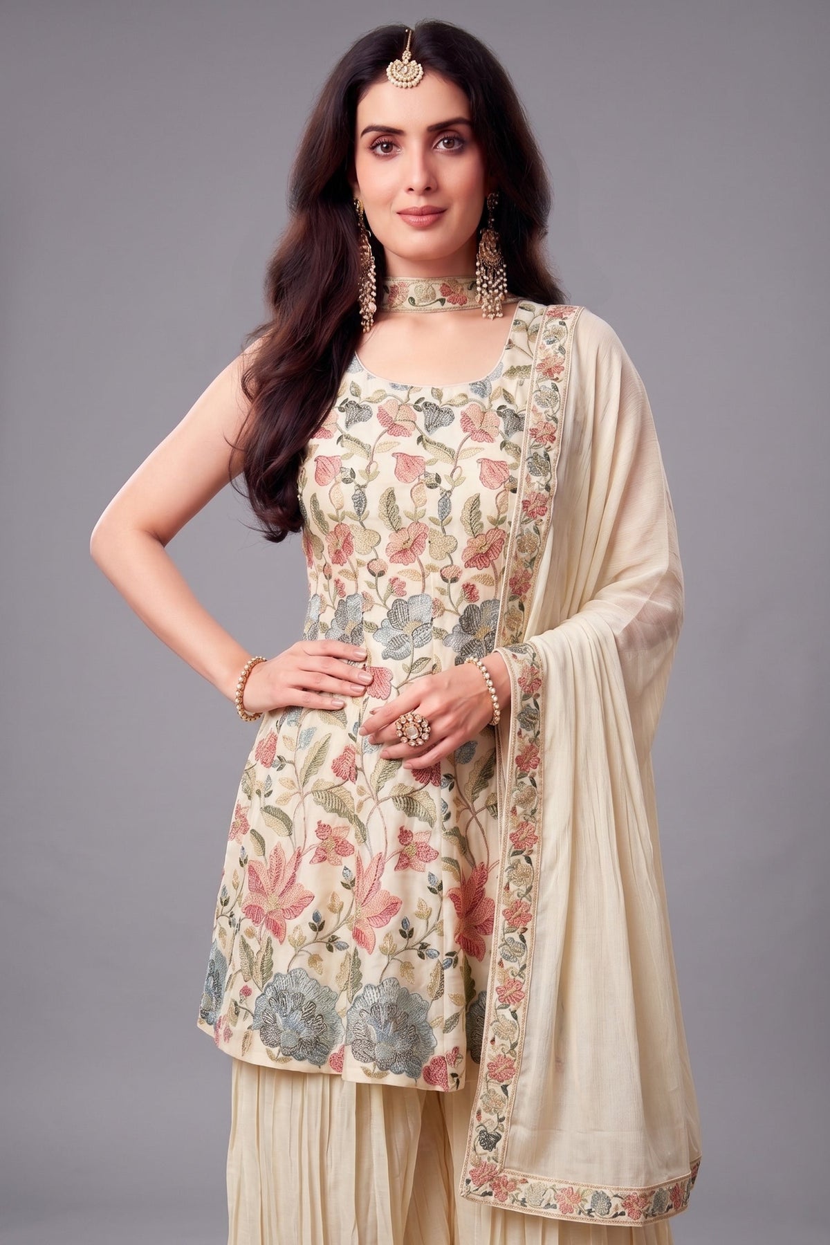 Cream Chinon Chiffon Floral Embroidered and Sequin Worked Suit