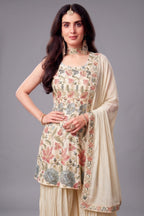 Cream Chinon Chiffon Floral Embroidered and Sequin Worked Suit