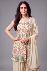 Cream Chinon Chiffon Floral Embroidered and Sequin Worked Suit
