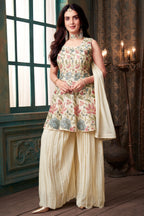 Cream Chinon Chiffon Floral Embroidered and Sequin Worked Suit