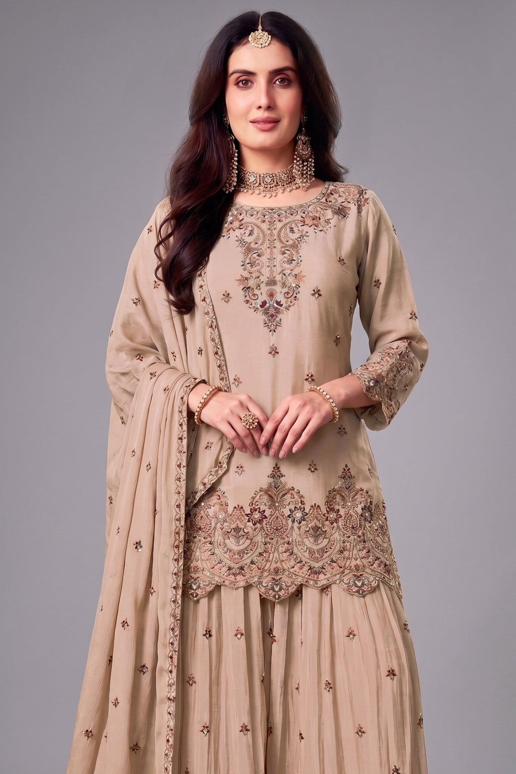 Beige Chinon Embroidered and Sequin Worked Palazzo Suit