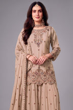 Beige Chinon Embroidered and Sequin Worked Palazzo Suit