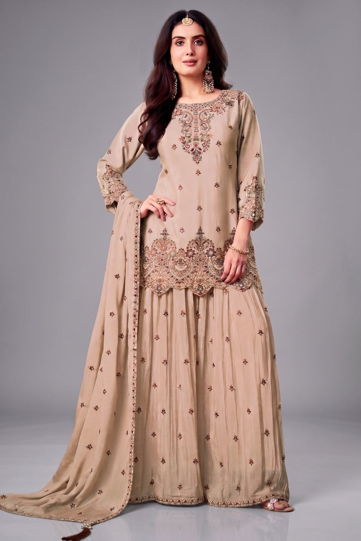 Beige Chinon Embroidered and Sequin Worked Palazzo Suit