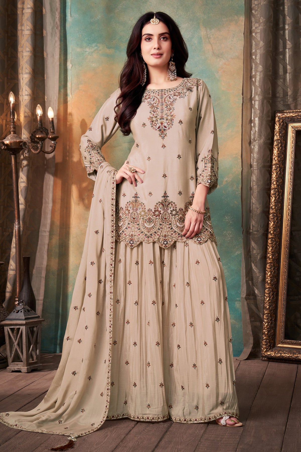 Beige Chinon Embroidered and Sequin Worked Palazzo Suit