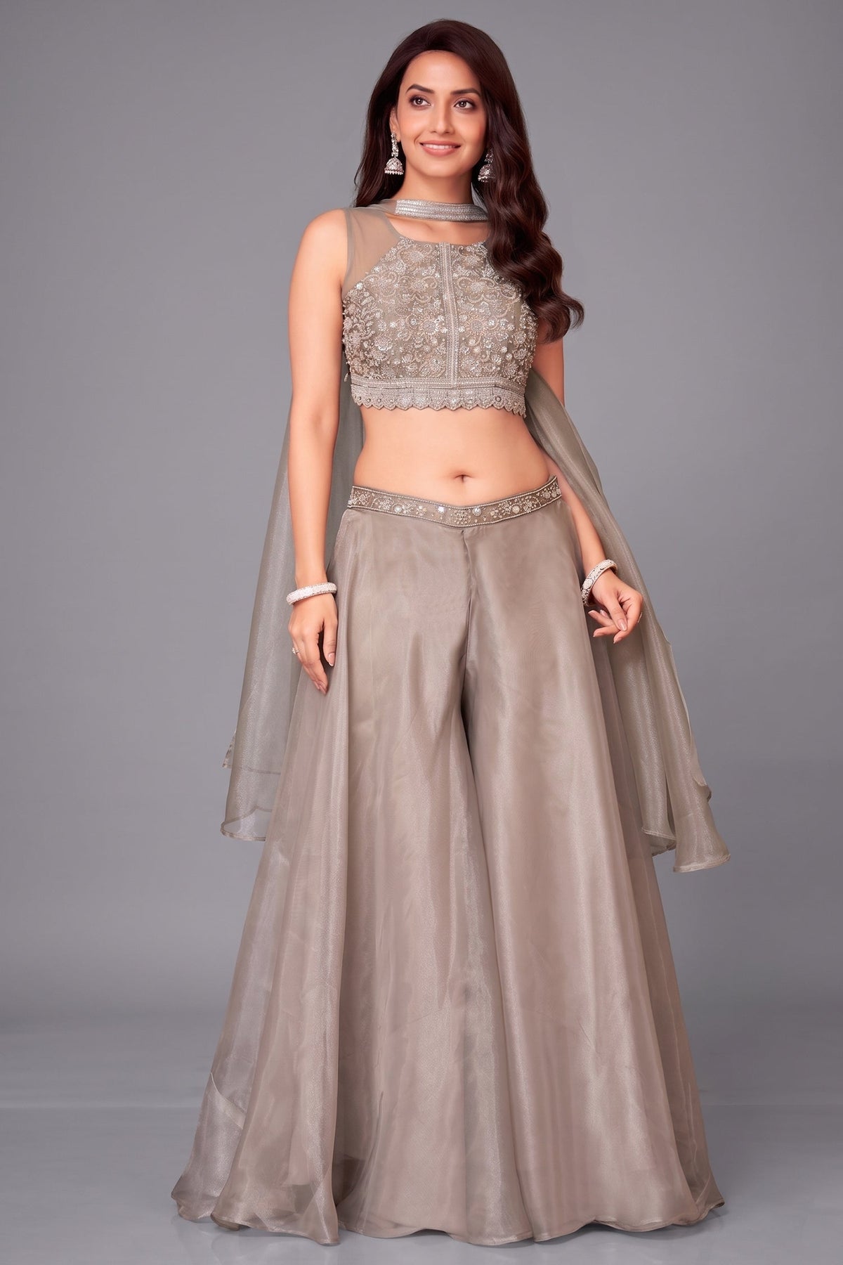 Grey Organza Sequin and Beaded Worked Crop Top Palazzo Set