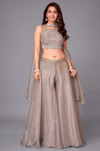 Grey Organza Sequin and Beaded Worked Crop Top Palazzo Set