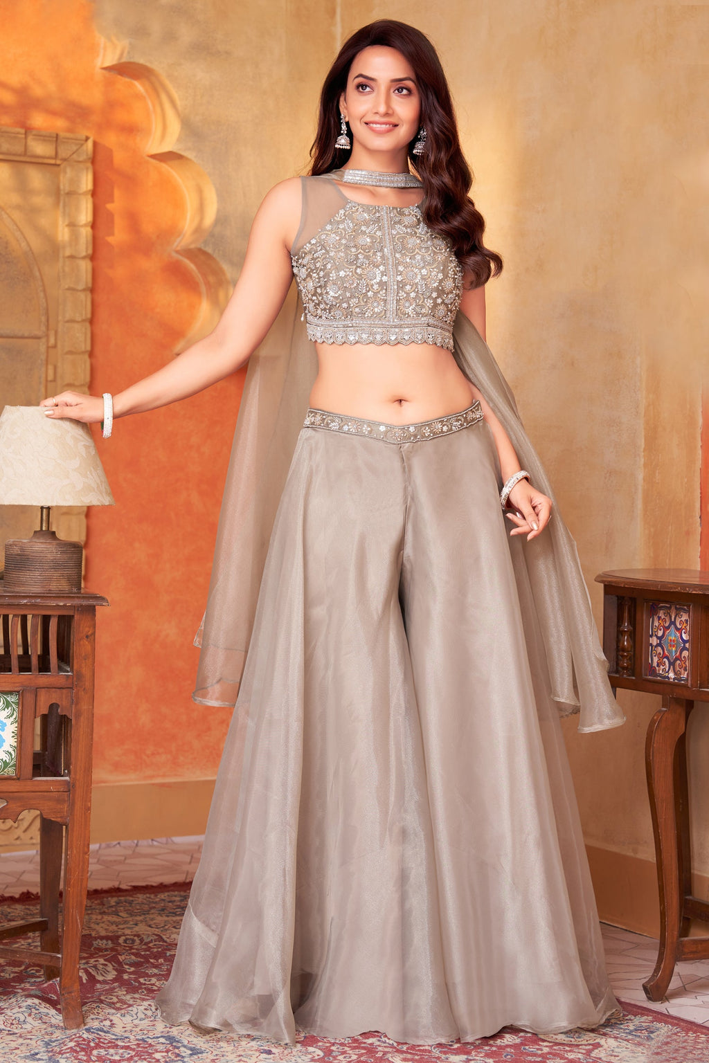 Grey Organza Sequin and Beaded Worked Crop Top Palazzo Set