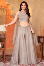 Grey Organza Sequin and Beaded Worked Crop Top Palazzo Set