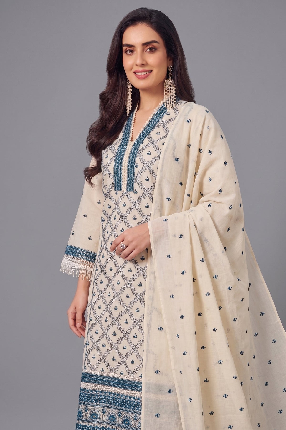 Off White Cotton Embroidered Straight Cut Suit