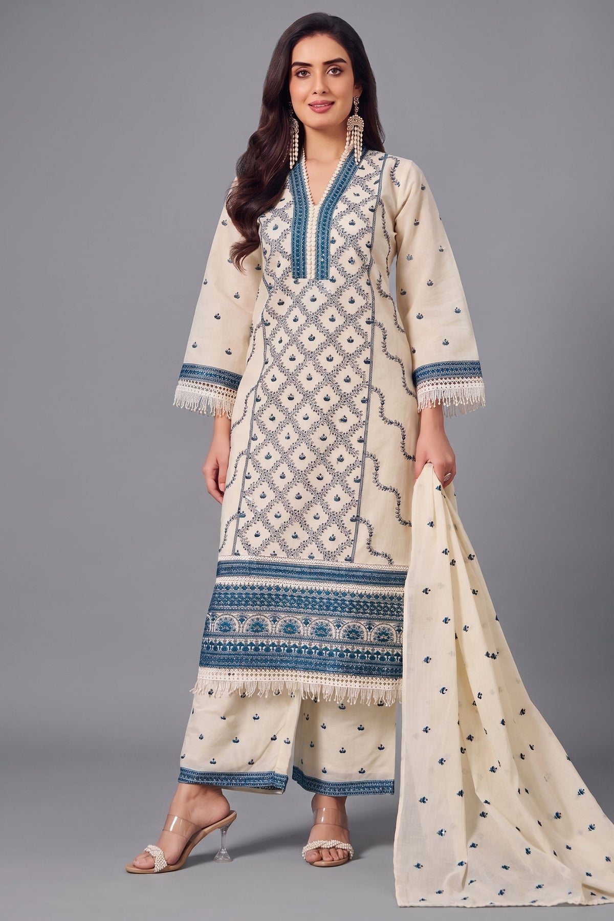 Off White Cotton Embroidered Straight Cut Suit
