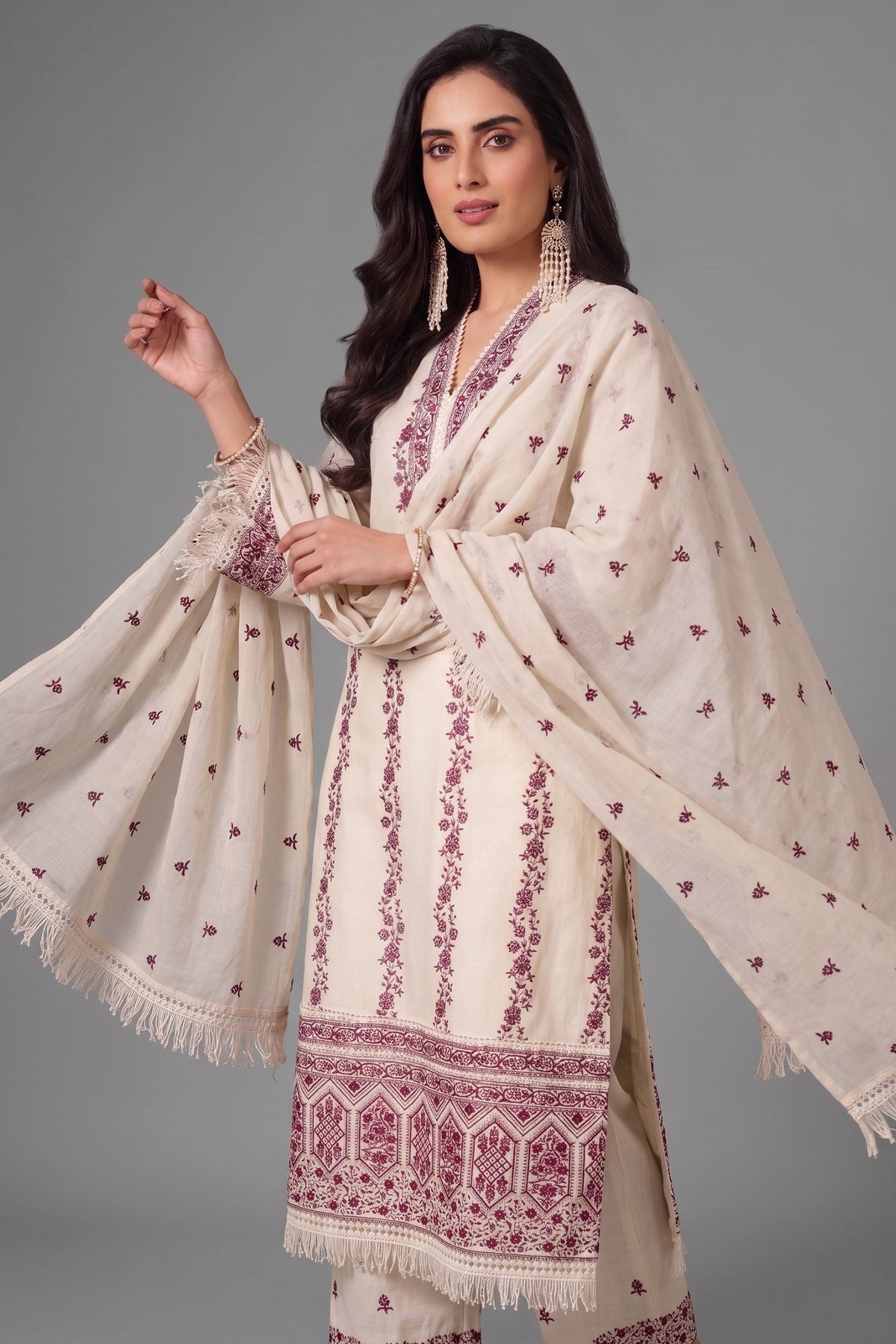Off White Cotton Embroidered Straight Cut Suit
