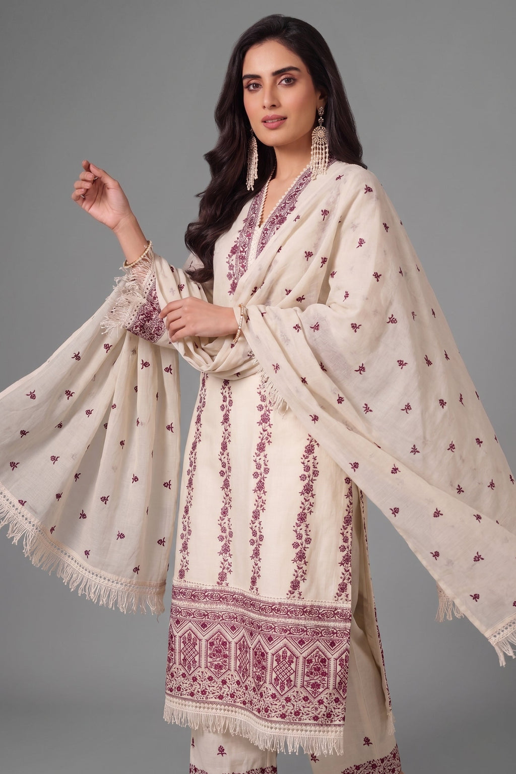 Off White Cotton Embroidered Straight Cut Suit
