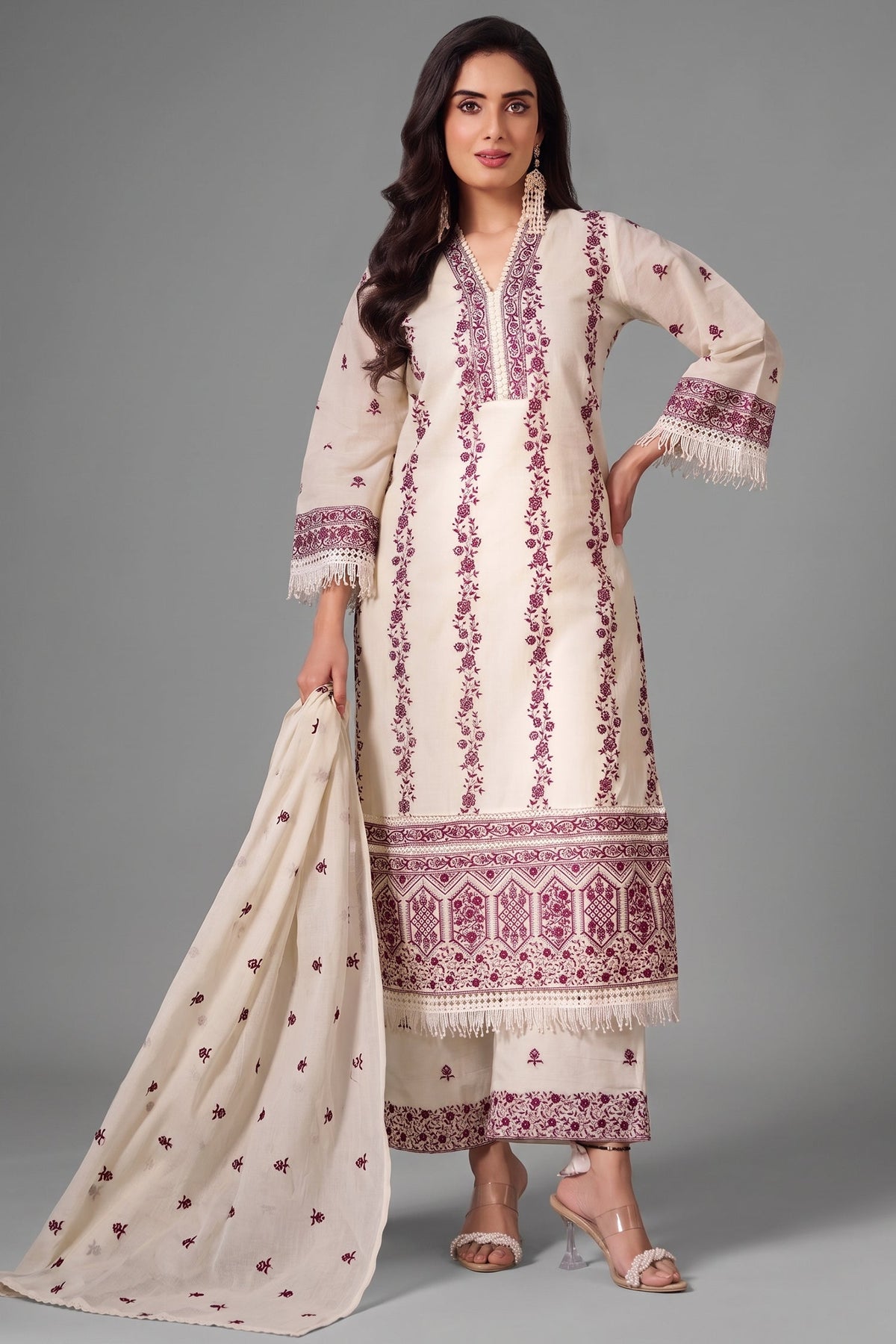 Off White Cotton Embroidered Straight Cut Suit