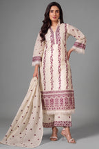 Off White Cotton Embroidered Straight Cut Suit