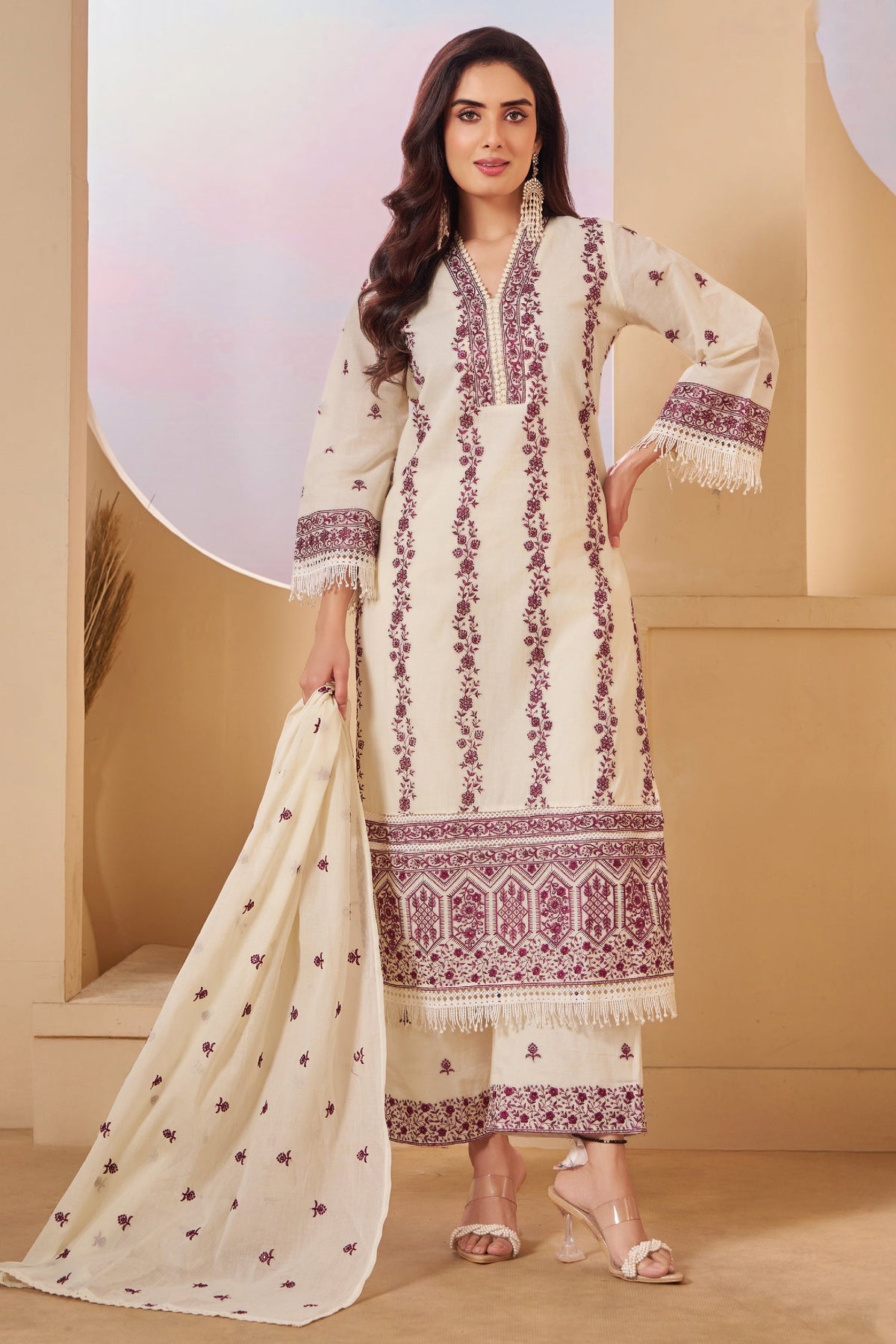 Off White Cotton Embroidered Straight Cut Suit