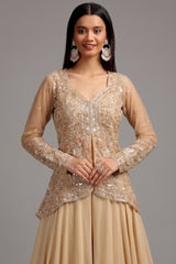 Beige Net Glass Tissue Organza Slit Cut Beaded Top and Palazzo Set
