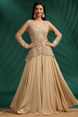 Beige Net Glass Tissue Organza Slit Cut Beaded Top and Palazzo Set