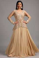 Beige Net Glass Tissue Organza Slit Cut Beaded Top and Palazzo Set