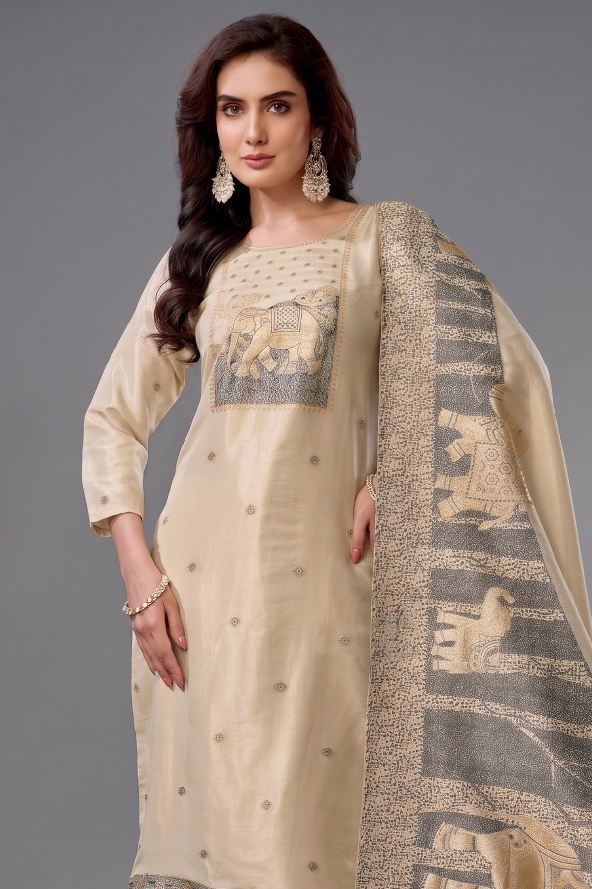 Cream Tissue Floral Woven and Peacock Motif Straight Cut Suit