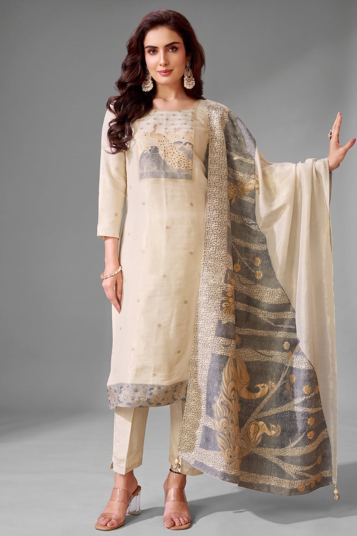 Cream Tissue Floral Woven and Peacock Motif Straight Cut Suit