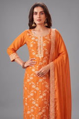 Orange Art Silk Woven Straight Cut Suit