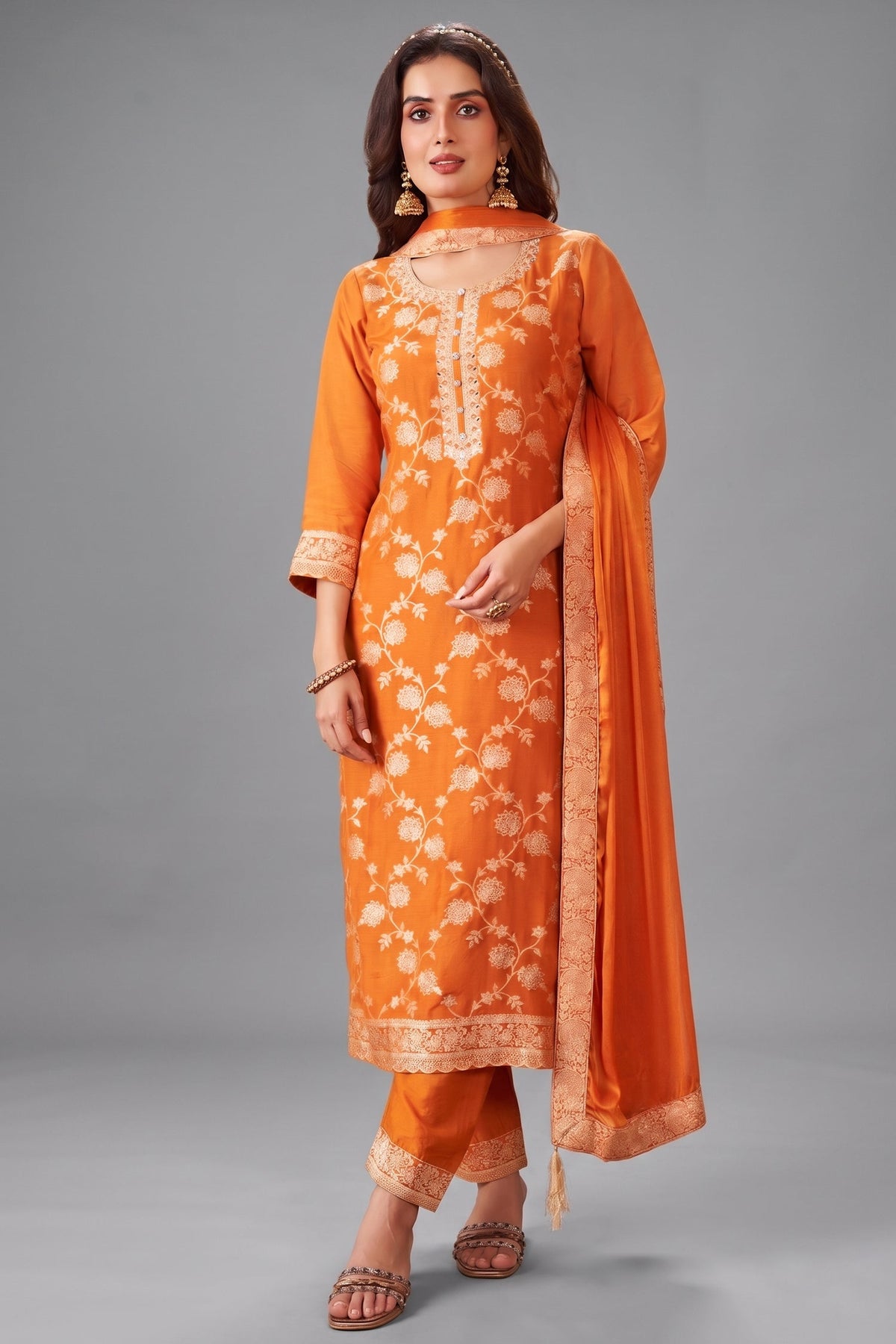 Orange Art Silk Woven Straight Cut Suit
