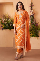 Orange Art Silk Woven Straight Cut Suit