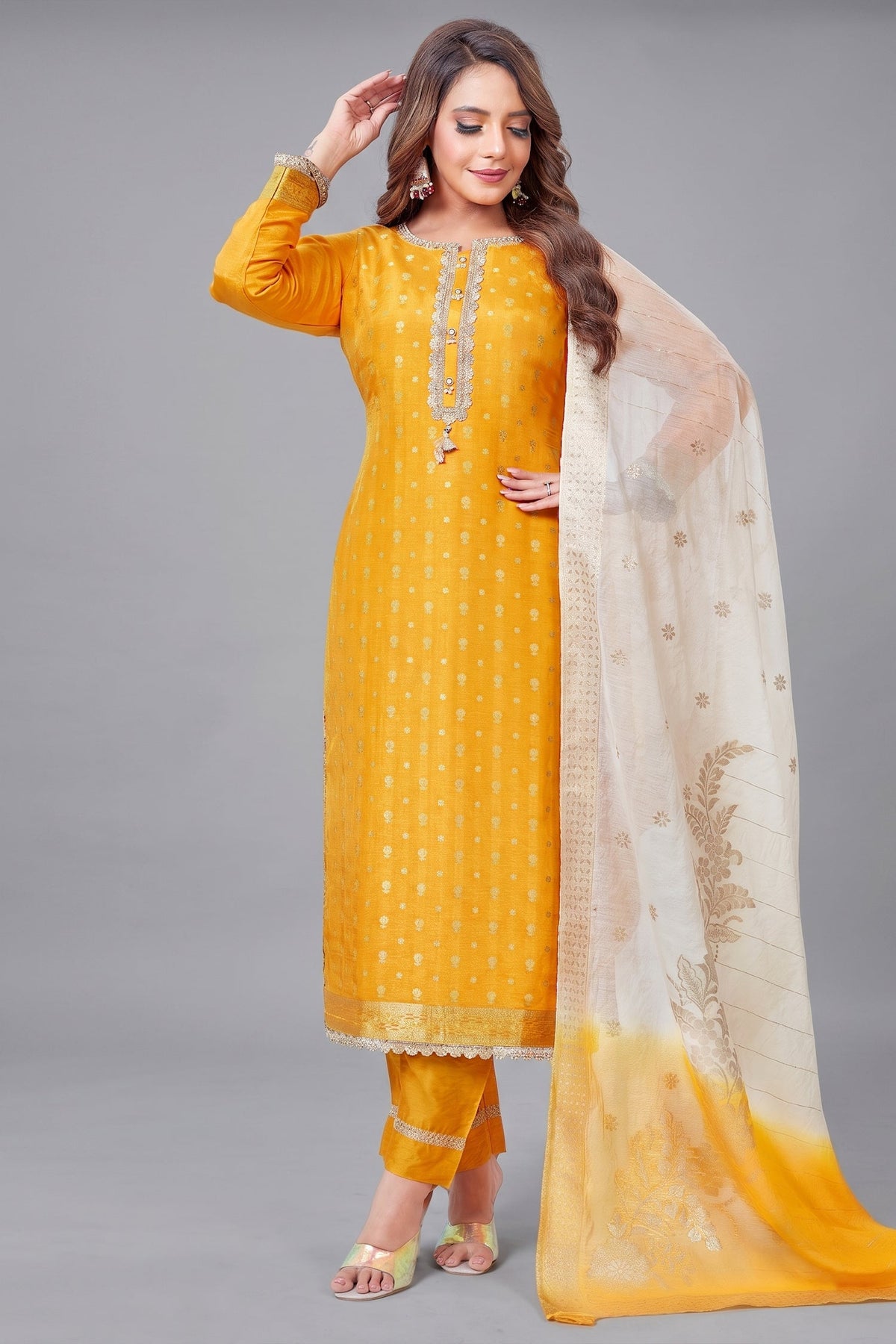 Yellow Art Silk Woven Straight Cut Suit