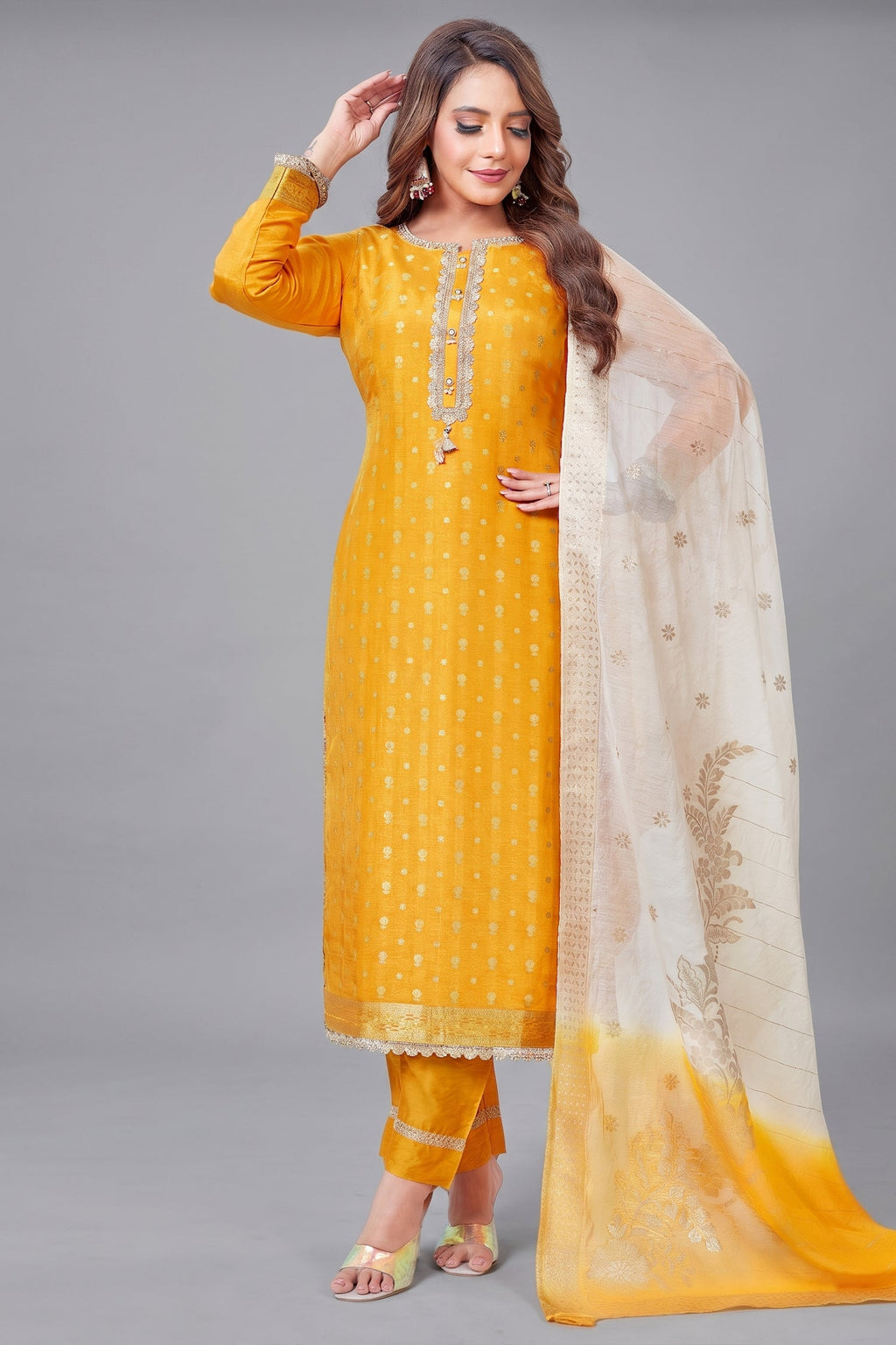 Yellow Art Silk Woven Straight Cut Suit