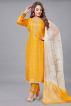 Yellow Art Silk Woven Straight Cut Suit