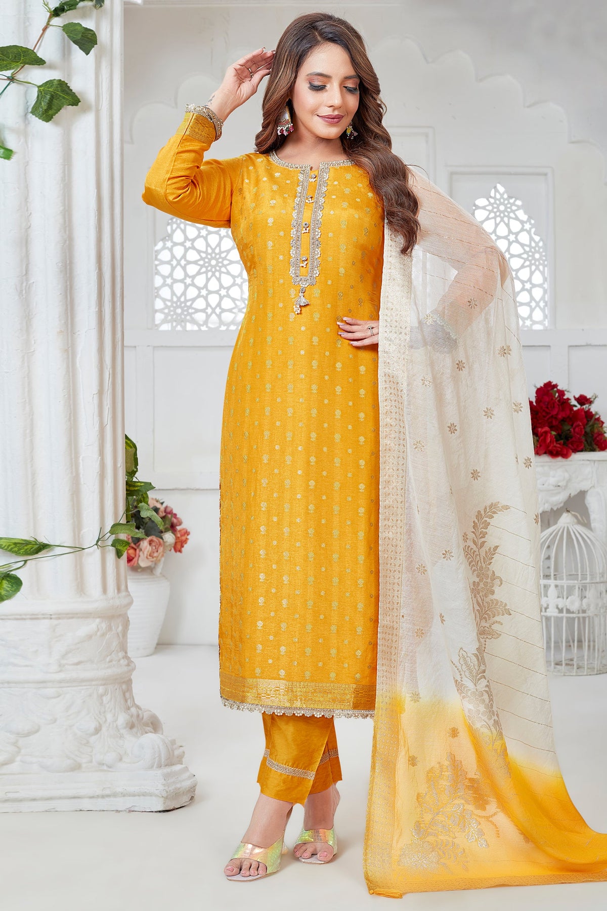 Yellow Art Silk Woven Straight Cut Suit