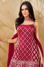 Dark Rani Pink Georgette Woven Straight Cut Palazzo Suit with Sequins Work
