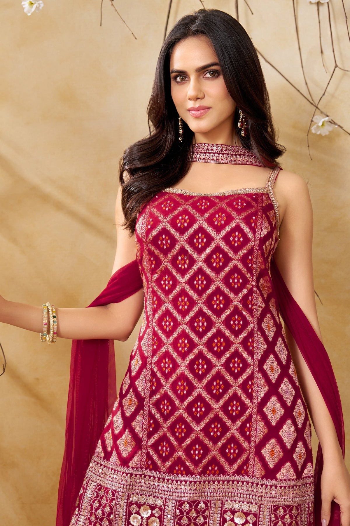 Dark Rani Pink Georgette Woven Straight Cut Palazzo Suit with Sequins Work