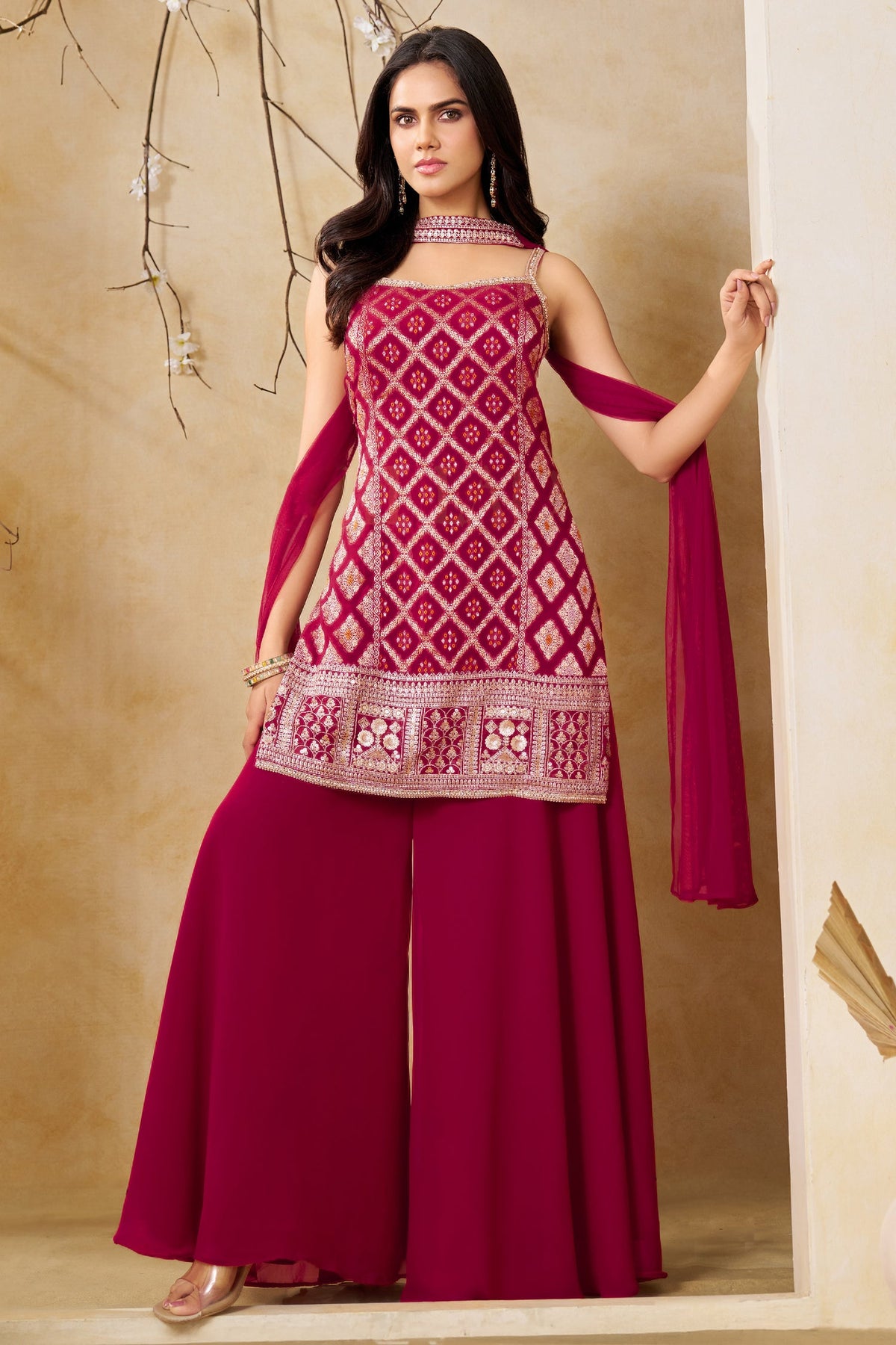 Dark Rani Pink Georgette Woven Straight Cut Palazzo Suit with Sequins Work
