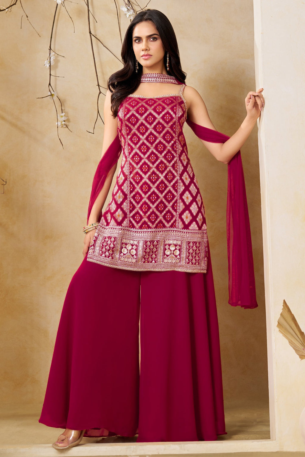 Dark Rani Pink Georgette Woven Straight Cut Palazzo Suit with Sequins Work