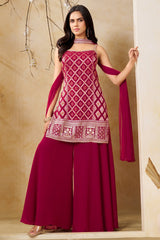Dark Rani Pink Georgette Woven Straight Cut Palazzo Suit with Sequins Work