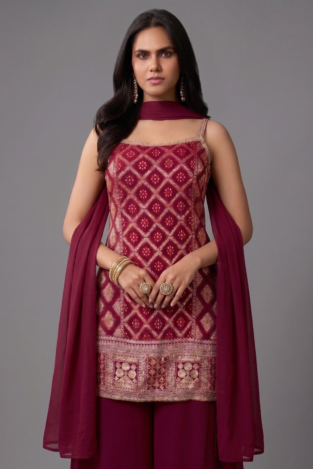 Dark Rani Pink Georgette Woven Straight Cut Palazzo Suit with Sequins Work