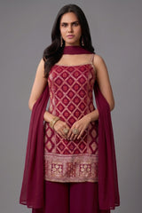 Dark Rani Pink Georgette Woven Straight Cut Palazzo Suit with Sequins Work