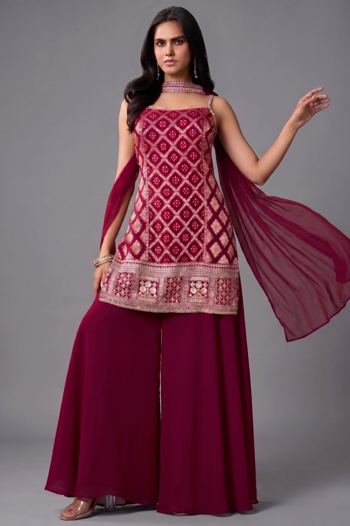 Dark Rani Pink Georgette Woven Straight Cut Palazzo Suit with Sequins Work
