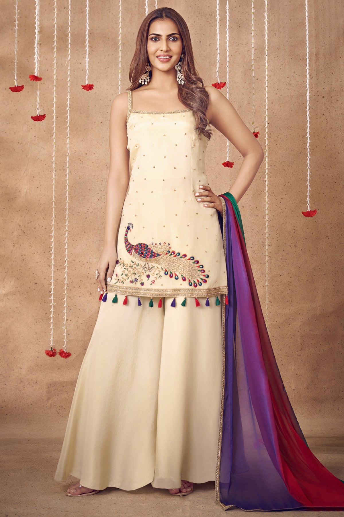 Off White Tissue Silk Embroidered Peacock Motif Palazzo Suit