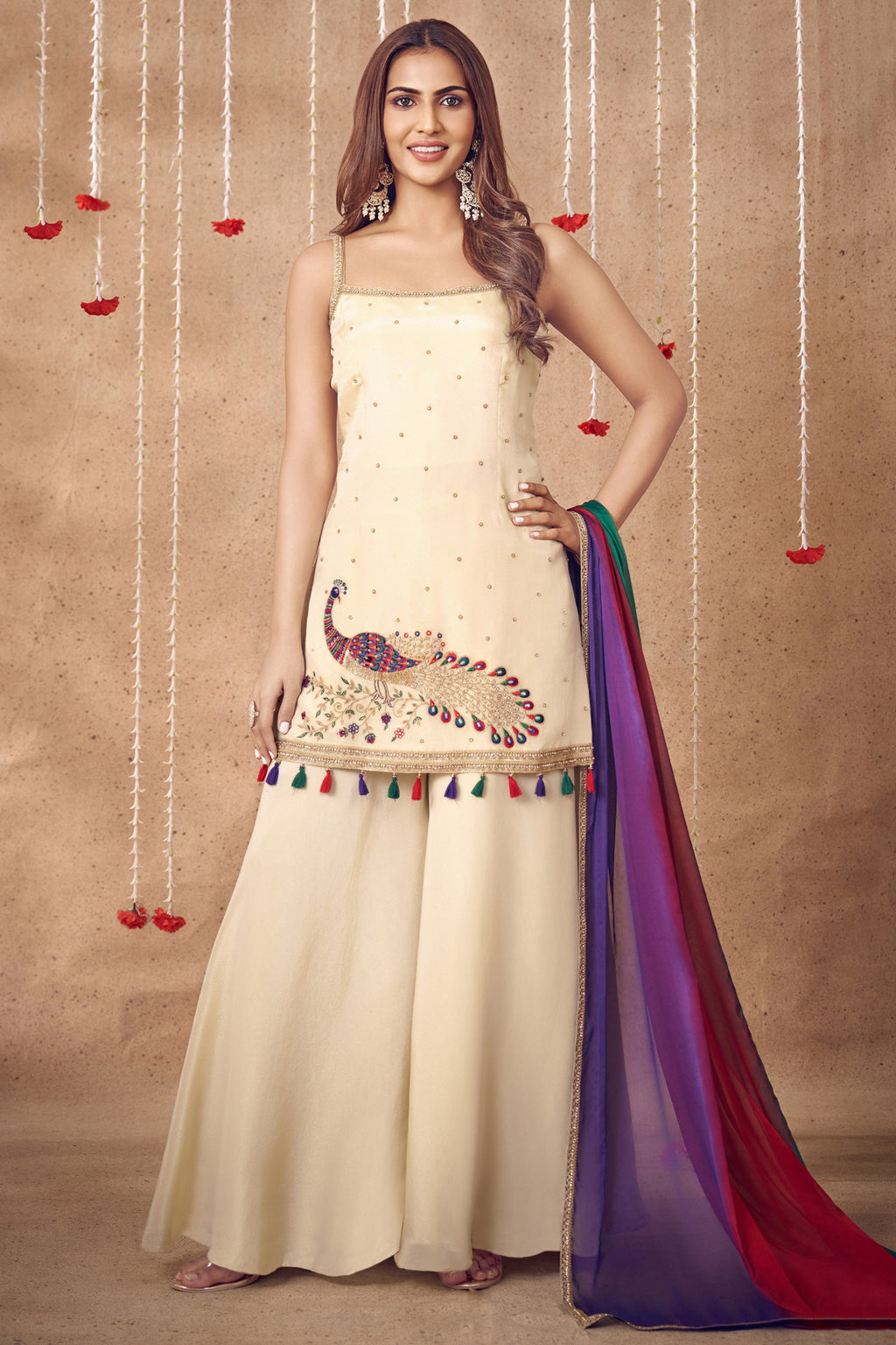 Off White Tissue Silk Embroidered Peacock Motif Palazzo Suit