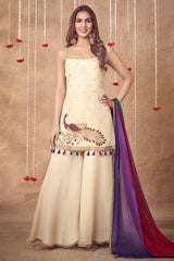 Off White Tissue Silk Embroidered Peacock Motif Palazzo Suit