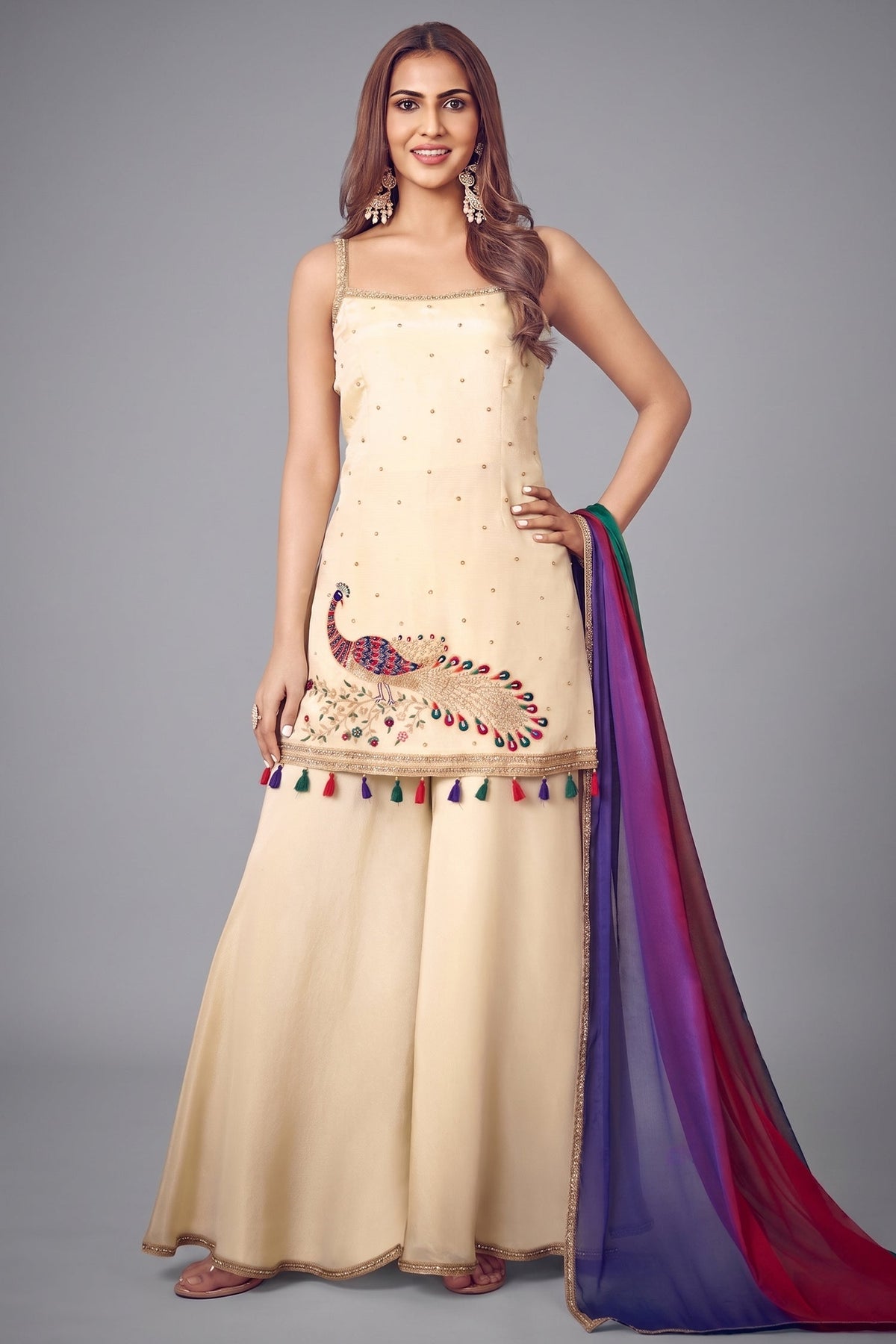 Off White Tissue Silk Embroidered Peacock Motif Palazzo Suit