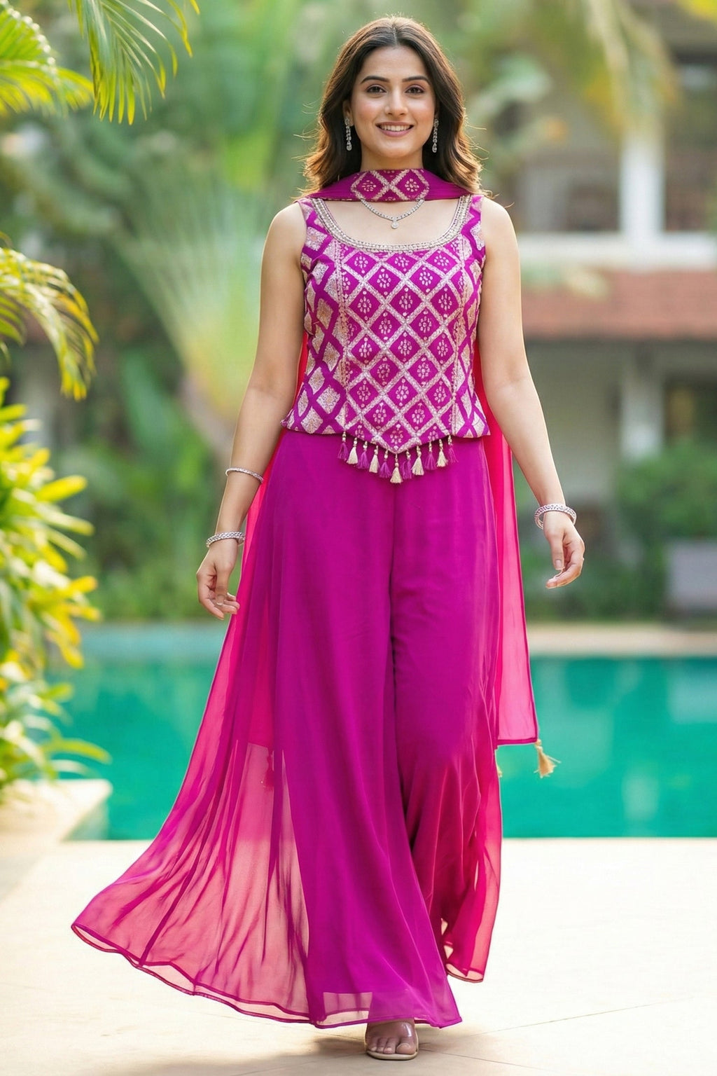 Pink Georgette Woven Top and Palazzo Set