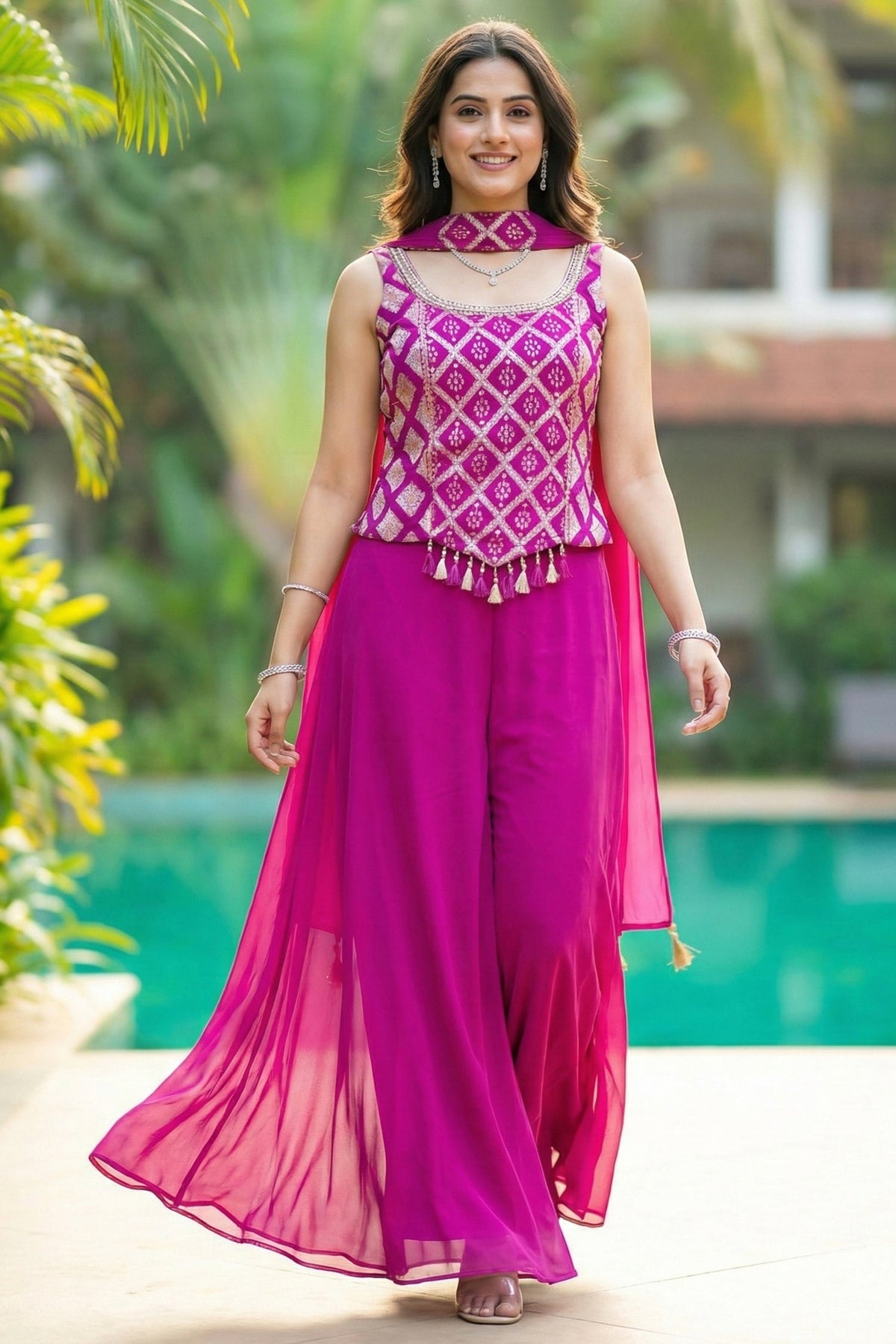 Pink Georgette Woven Top and Palazzo Set