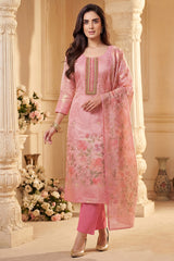 Light Pink Tissue Floral Printed Straight Cut Suit