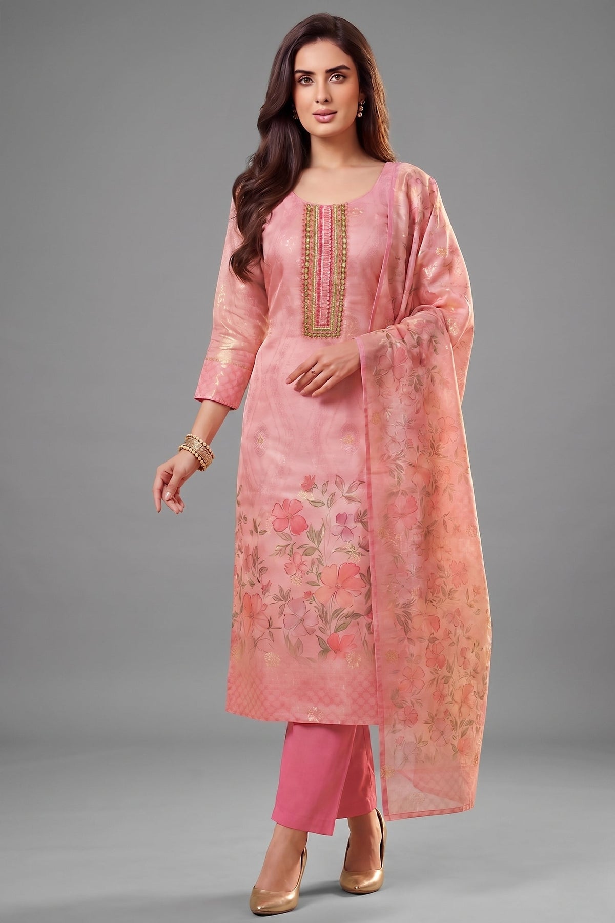 Light Pink Tissue Floral Printed Straight Cut Suit