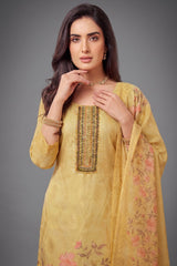 Light Yellow Tissue Floral Printed Straight Cut Suit